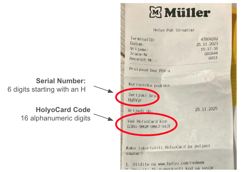 HolyoCard Receipt with Serial Number and Cash Code